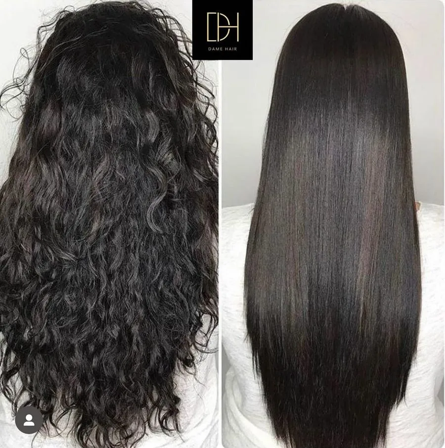 Capelli ricci scuri prima e dopo il trattamento anticrespo, Dame Hair