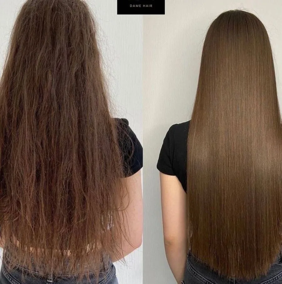 Capelli castani lunghi prima e dopo il trattamento, Dame Hair Vibo Valentia