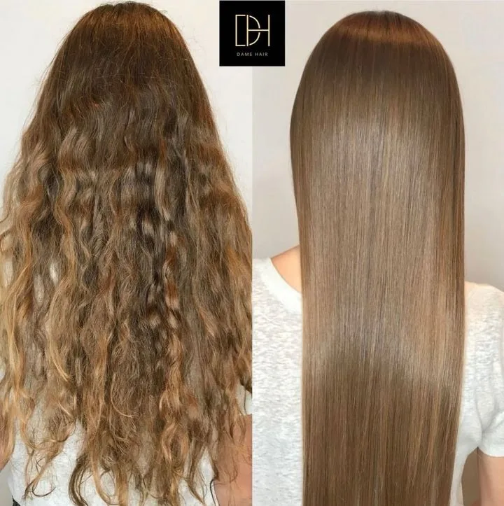 Capelli mossi e crespi prima e lisci e lucidi dopo il trattamento anticrespo, Dame Hair